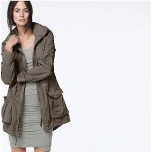 James Perse Yosemite Jacket Womens 3 Olive Green Hooded Parka Utility Zip Pocket